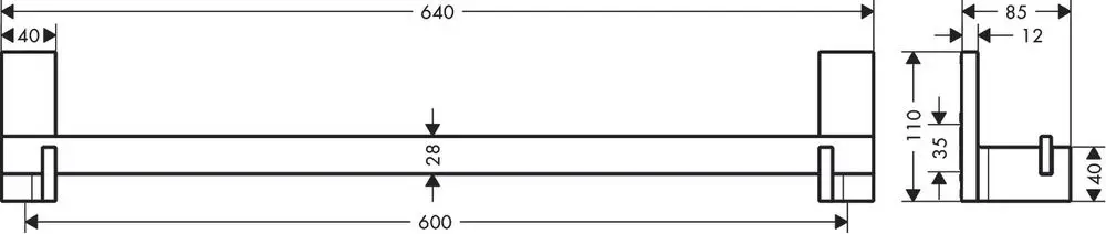 Konstruktionszeichnung eines Badetuchhalters aus Chrom, dargestellt in Seitenansicht und Draufsicht, mit verschiedenen Maßen, typisches Produkt von AXOR.
